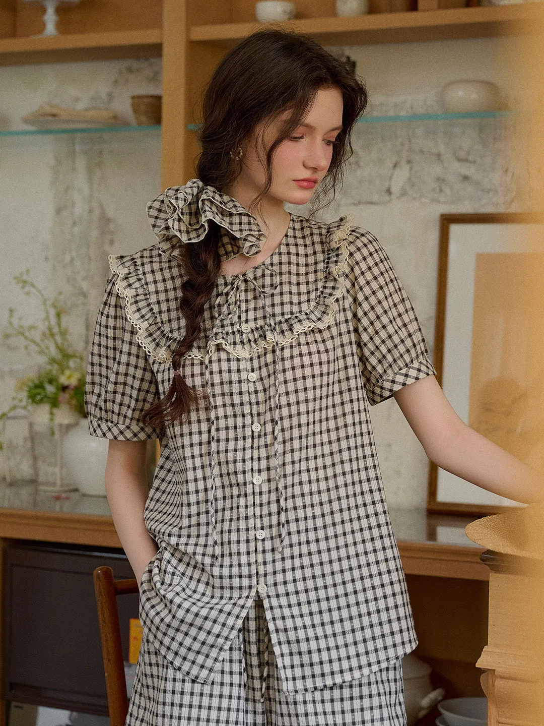 【Final Sale】Josephine Round Neck Plaid 100% Cotton Blouse sold by Simple Retro product image thumbnail 3