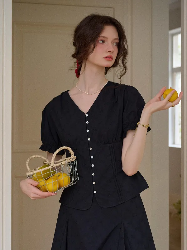Madeline V-Neck Embroidery Puff Sleeve Cotton Blouse sold by Simple Retro