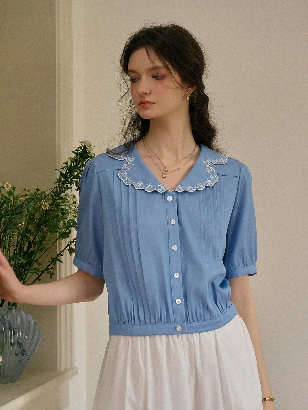 Miriam V-Neck Lace Tuck Pleats Blouse sold by Simple Retro