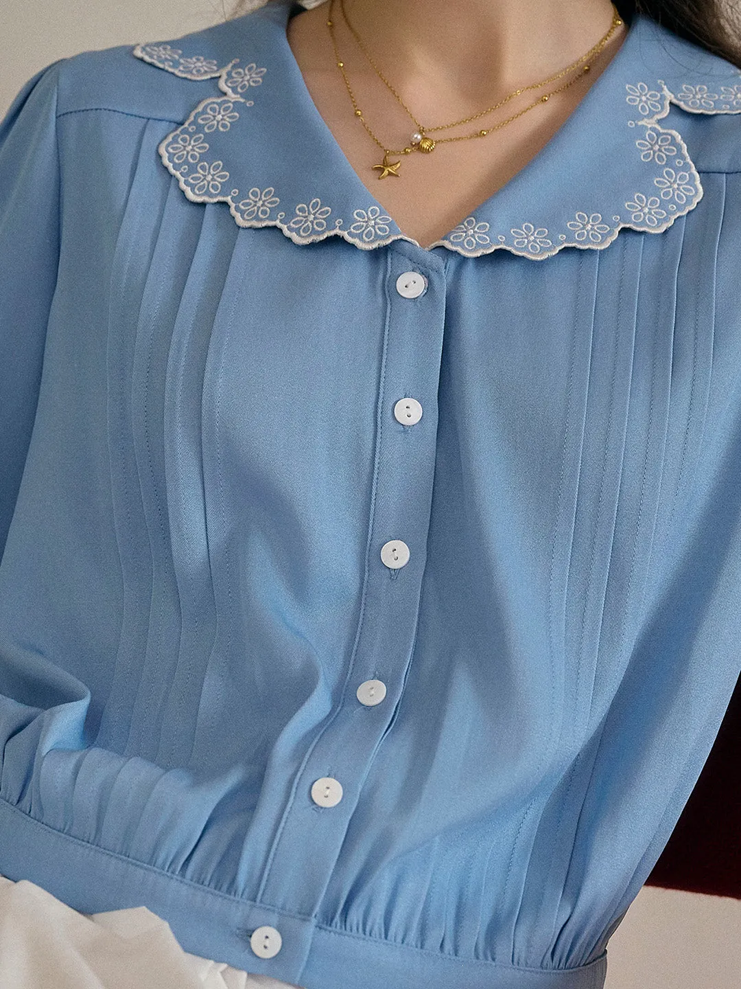 Miriam V-Neck Lace Tuck Pleats Blouse sold by Simple Retro product image thumbnail 2