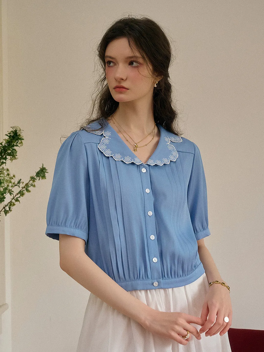 Miriam V-Neck Lace Tuck Pleats Blouse sold by Simple Retro product image thumbnail 5