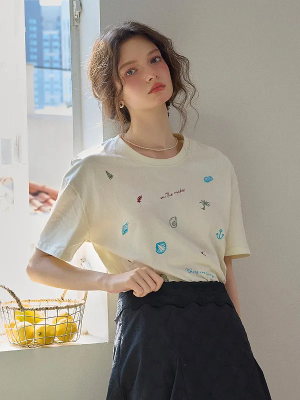 Marina Round Neck Shell Embroidery 100% Cotton T-shirt sold by Simple Retro