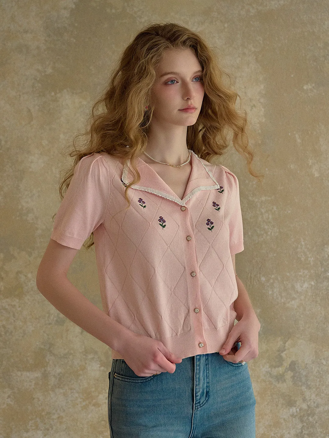 【Final Sale】Naomi V-Neck Embroidery Knit Blouse sold by Simple Retro product image thumbnail 4