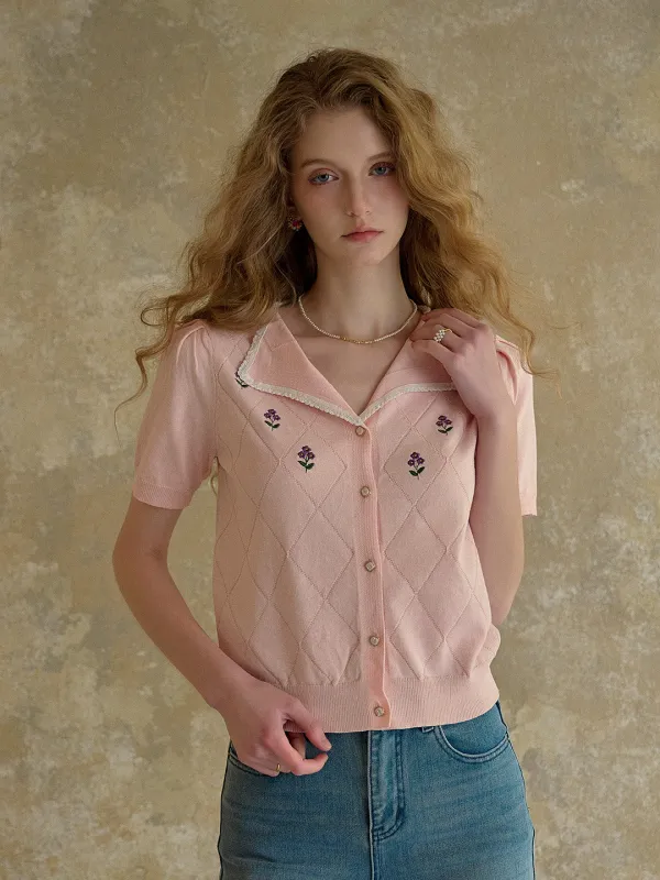 【Final Sale】Naomi V-Neck Embroidery Knit Blouse sold by Simple Retro