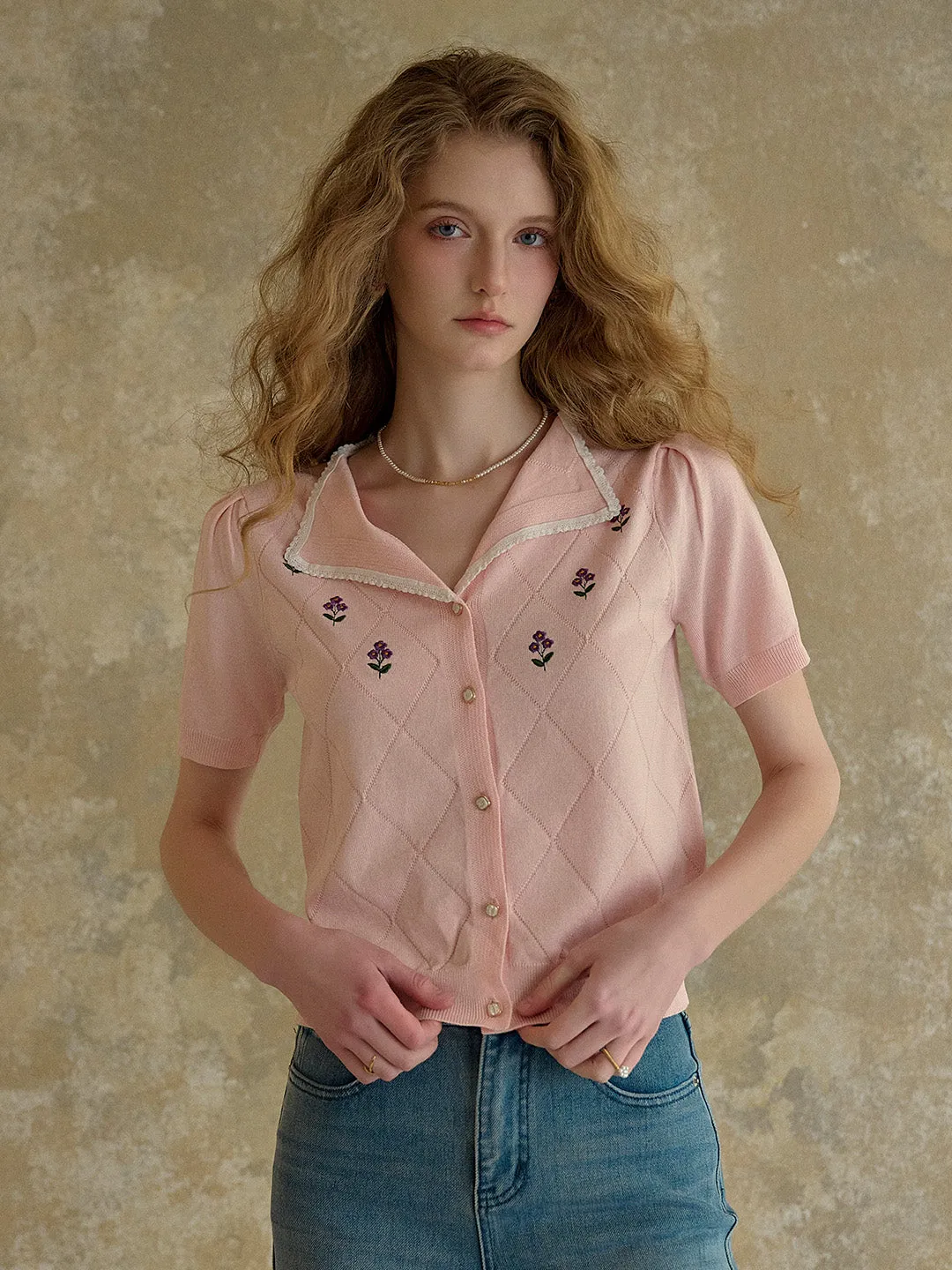 【Final Sale】Naomi V-Neck Embroidery Knit Blouse sold by Simple Retro product image thumbnail 5