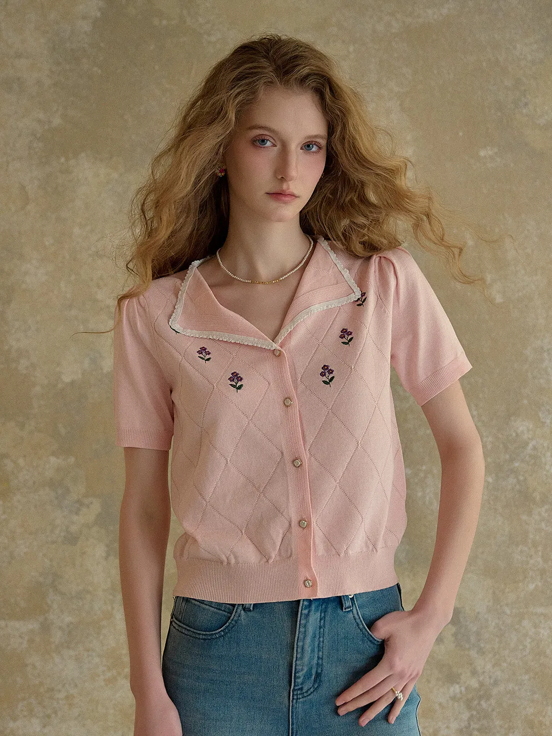 【Final Sale】Naomi V-Neck Embroidery Knit Blouse sold by Simple Retro product image thumbnail 3