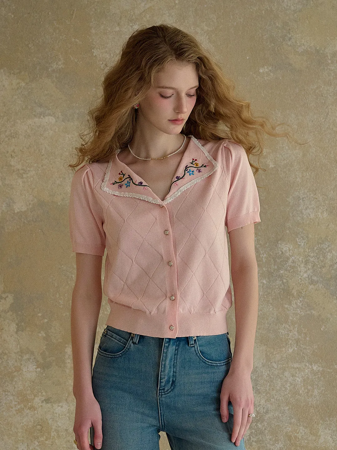 【Final Sale】Anneliese V-Neck Embroidery Knit Blouse sold by Simple Retro