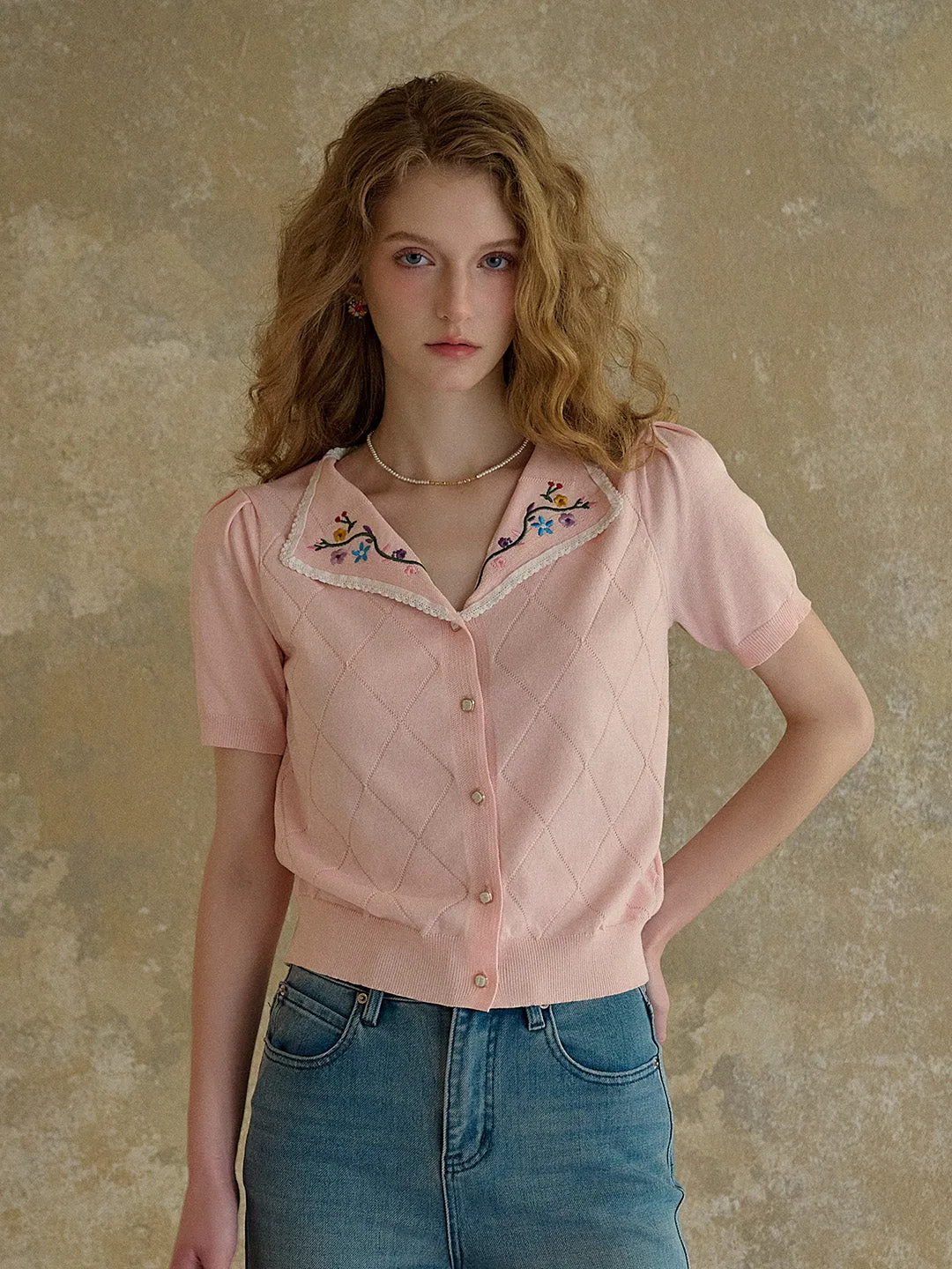 【Final Sale】Anneliese V-Neck Embroidery Knit Blouse sold by Simple Retro product image thumbnail 3