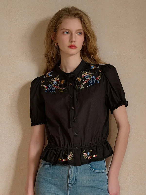 Nova Round Neck Tie Embroidery Blouse sold by Simple Retro
