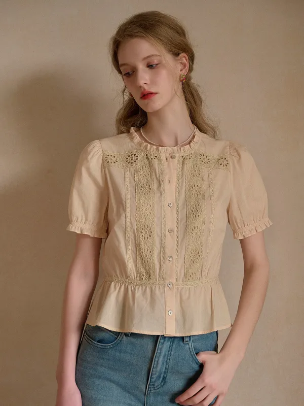 Danica Ruffle Neck Embroidery 100% Cotton Blouse sold by Simple Retro