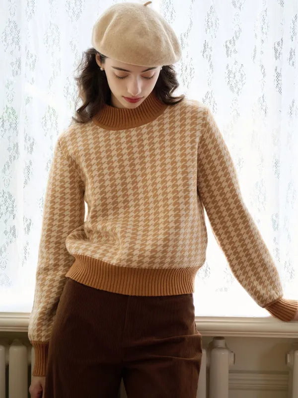 Maya Houndstooth Pattern Contrast Trim Sweater sold by Simple Retro