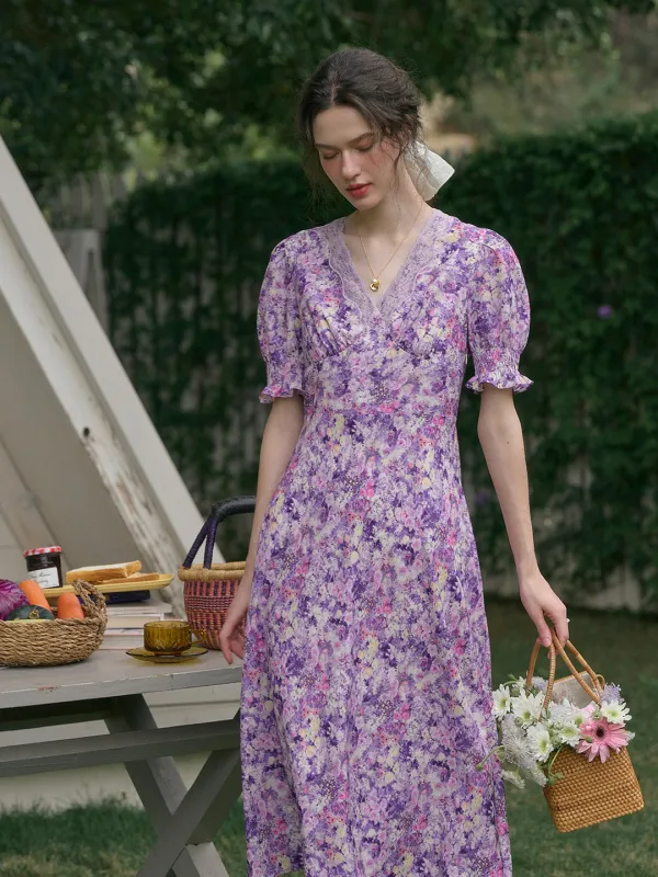【Final Sale】Stormi Charming V-neck Lace Trimmed Floral Print Dress - Purple sold by Simple Retro