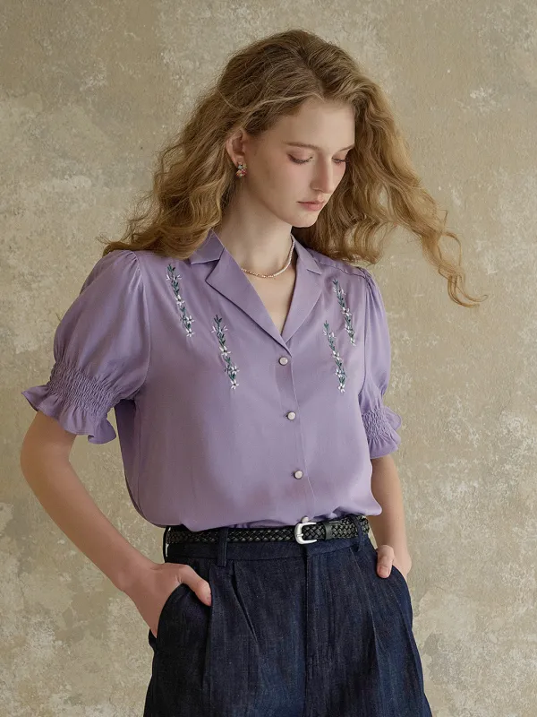 【Final Sale】Wisteria V-Neck Embroidery Blouse - Purple sold by Simple Retro