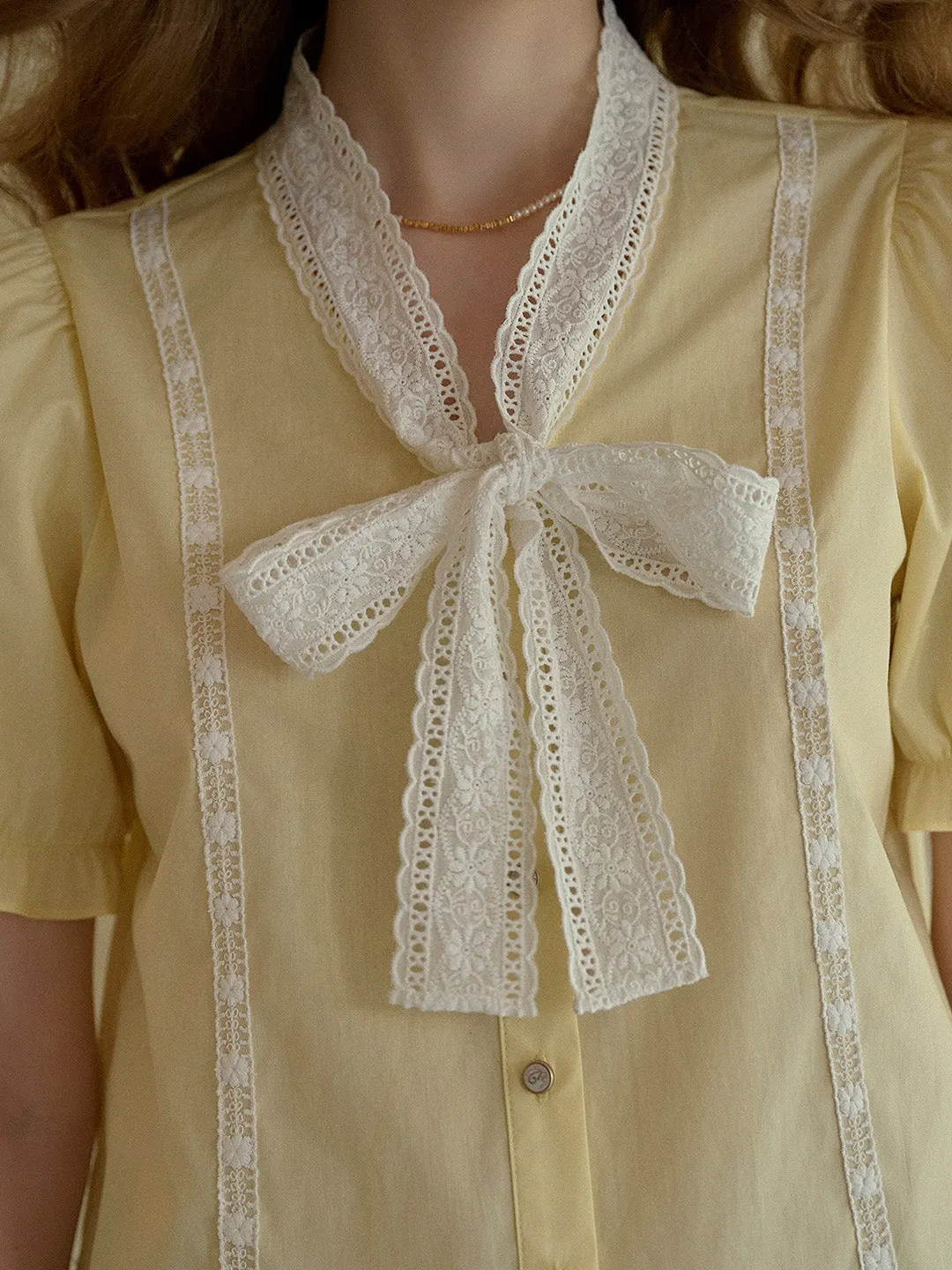 【Final Sale】Calliope V-Neck Bow 100% Cotton Blouse sold by Simple Retro product image thumbnail 2