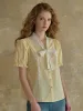 【Final Sale】Calliope V-Neck Bow 100% Cotton Blouse sold by Simple Retro