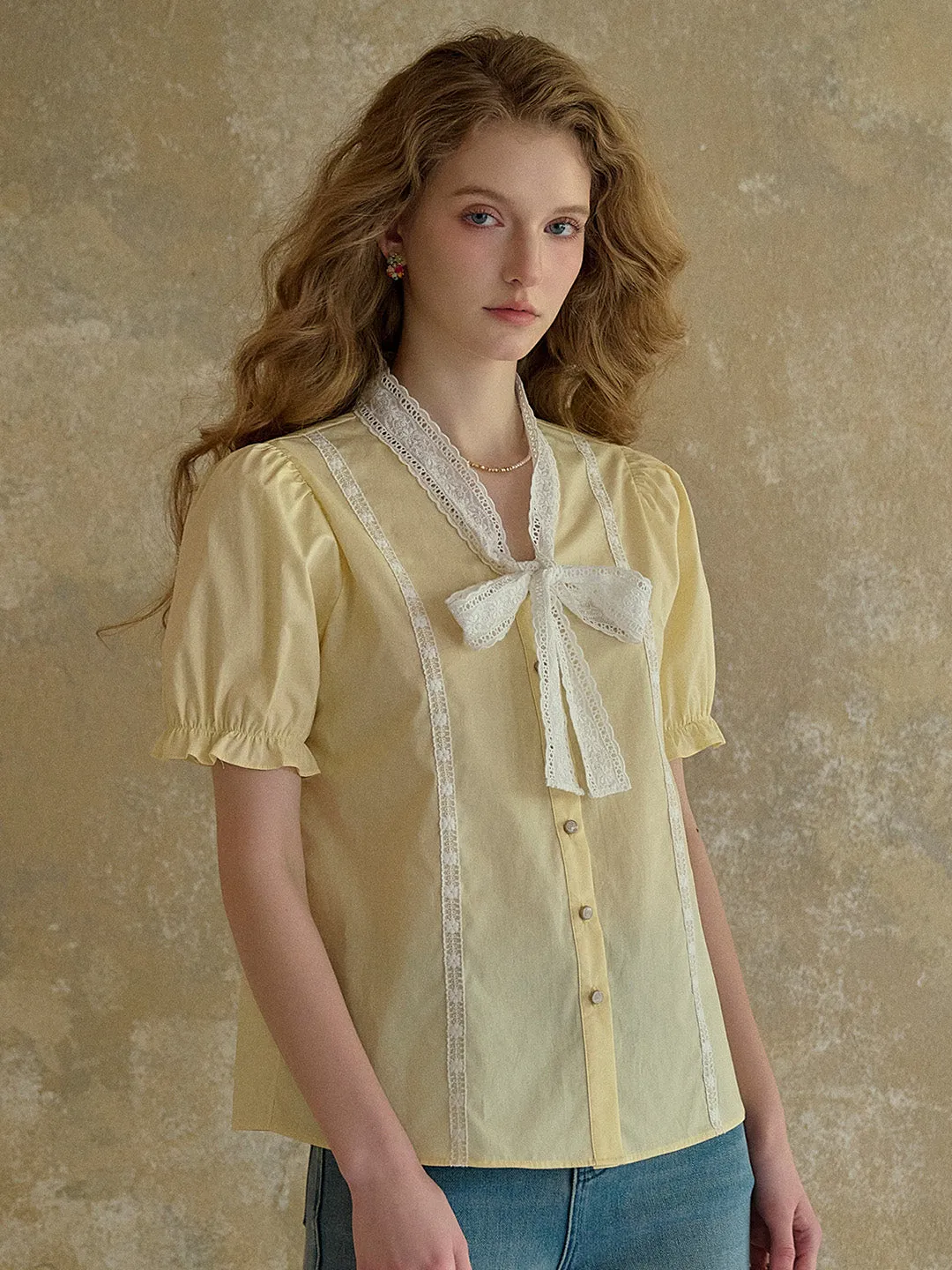 【Final Sale】Calliope V-Neck Bow 100% Cotton Blouse sold by Simple Retro product image thumbnail 4