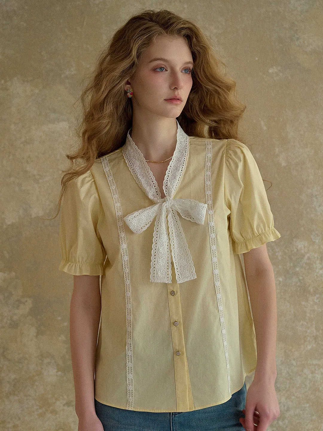 【Final Sale】Calliope V-Neck Bow 100% Cotton Blouse sold by Simple Retro