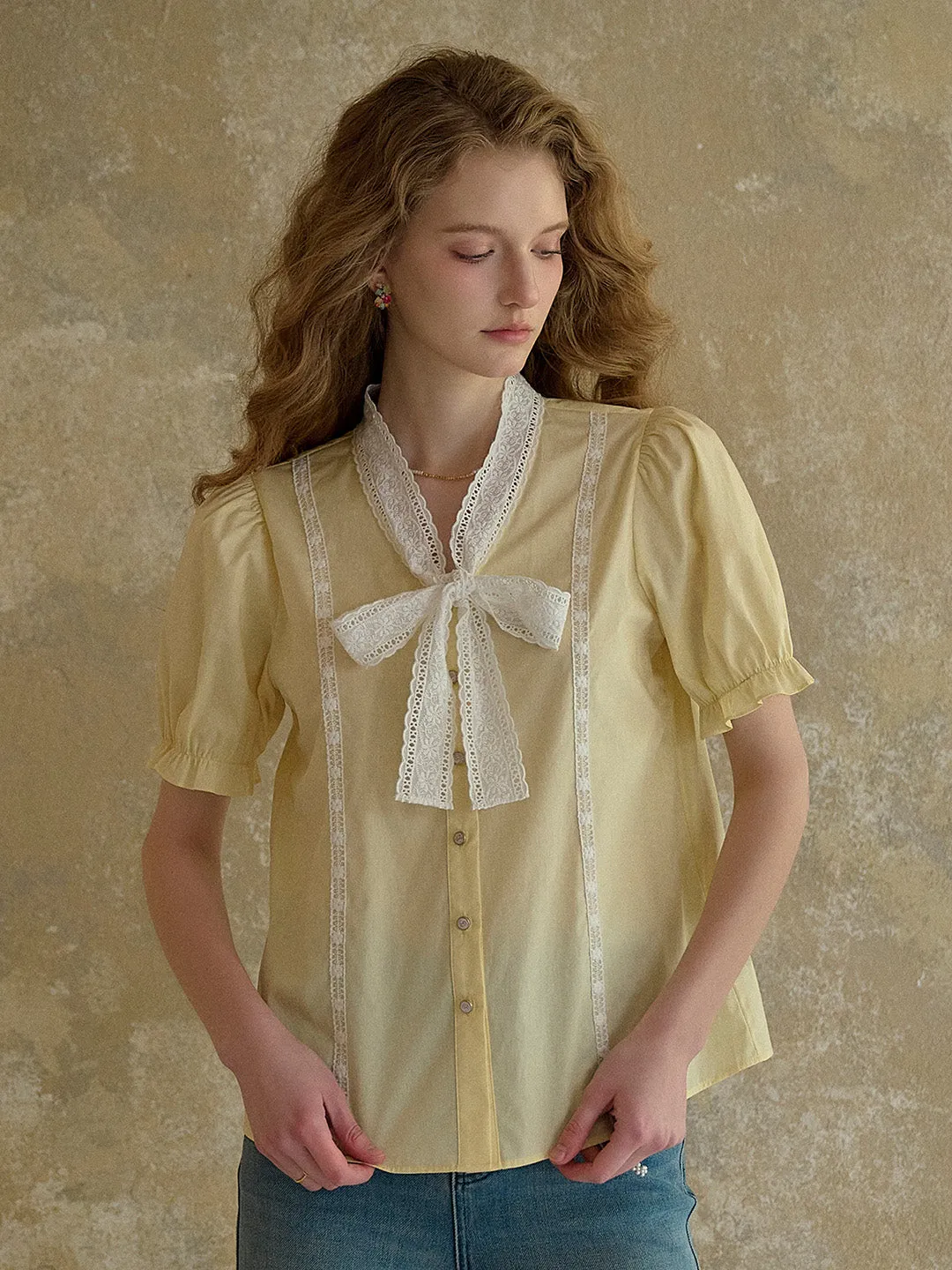 【Final Sale】Calliope V-Neck Bow 100% Cotton Blouse sold by Simple Retro product image thumbnail 3