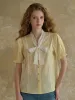【Final Sale】Calliope V-Neck Bow 100% Cotton Blouse sold by Simple Retro