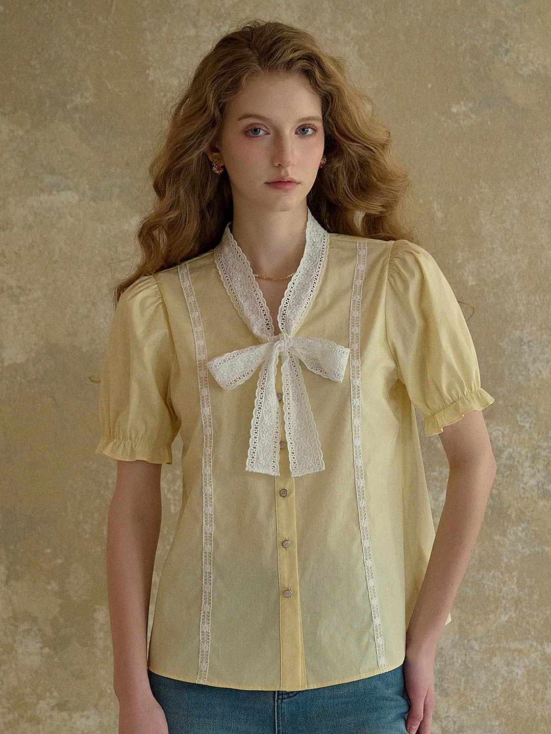 【Final Sale】Calliope V-Neck Bow 100% Cotton Blouse sold by Simple Retro product image thumbnail 5