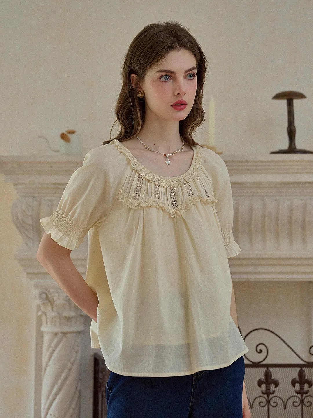 【Final Sale】Juliette Round Neck Lace 100% Cotton Blouse sold by Simple Retro product image thumbnail 3