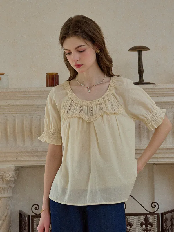 【Final Sale】Juliette Round Neck Lace 100% Cotton Blouse sold by Simple Retro