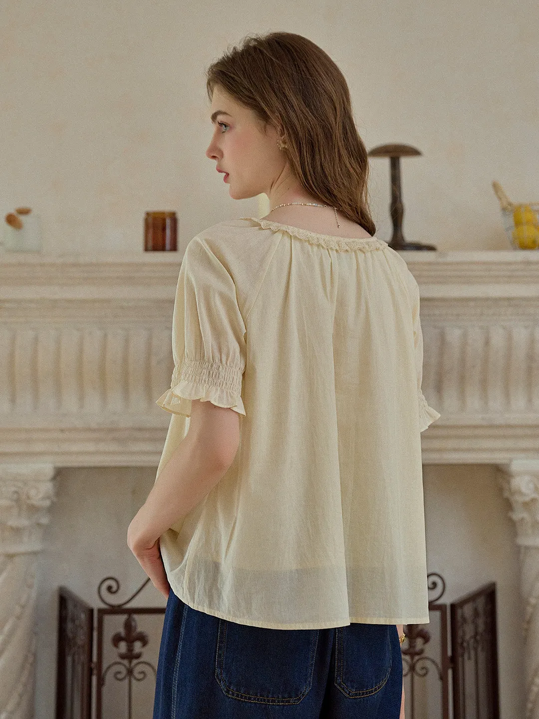 【Final Sale】Juliette Round Neck Lace 100% Cotton Blouse sold by Simple Retro product image thumbnail 5