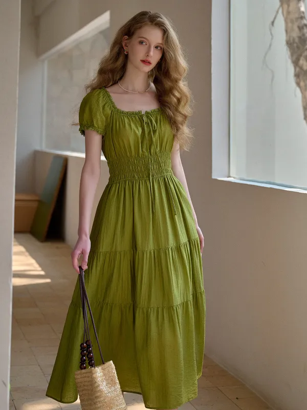 Dakota Round Neck Pleated Puff Sleeves Lyocell Dress sold by Simple Retro