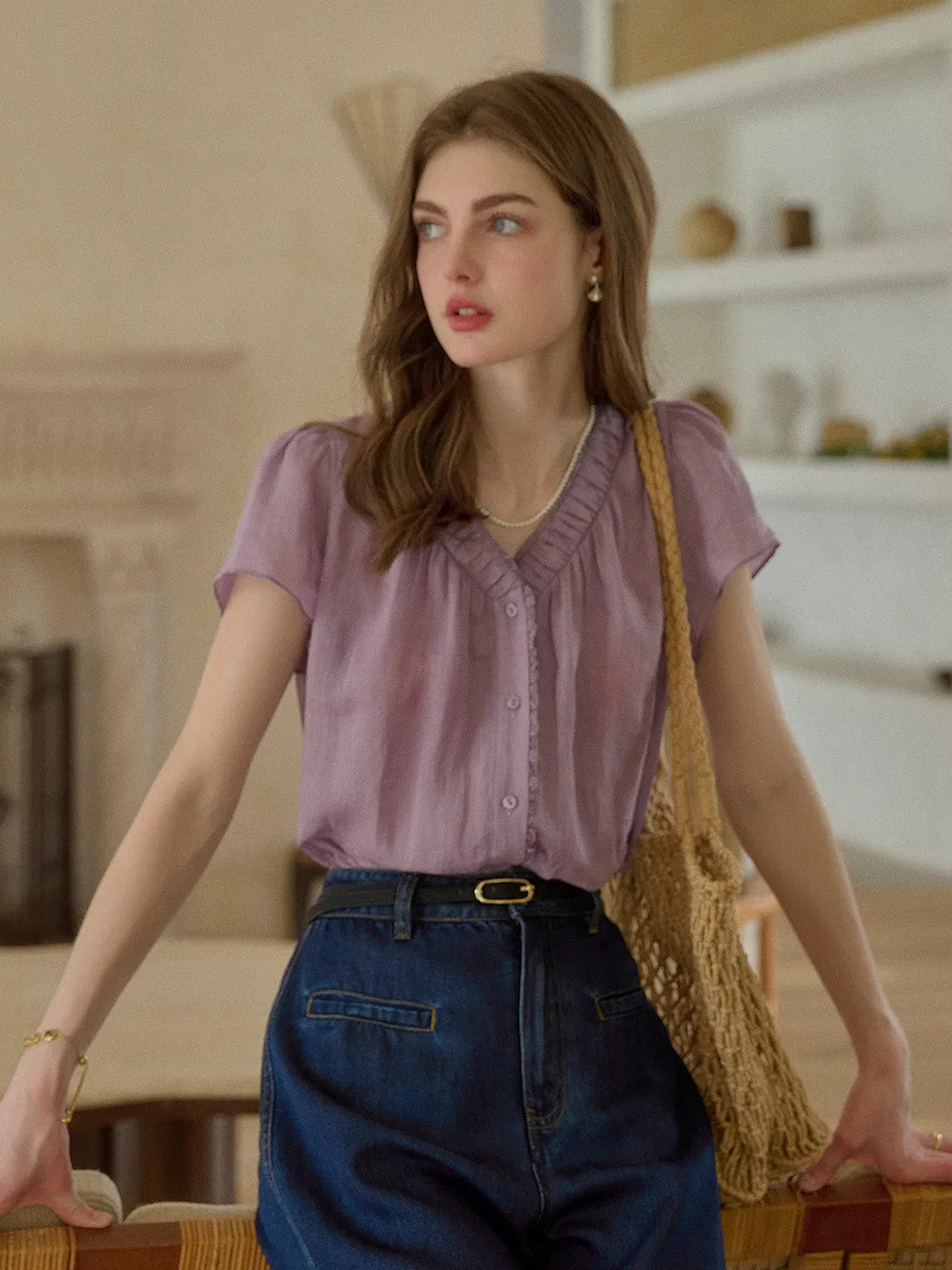 Angela V-Neck 100% Ramie Blouse sold by Simple Retro product image thumbnail 3