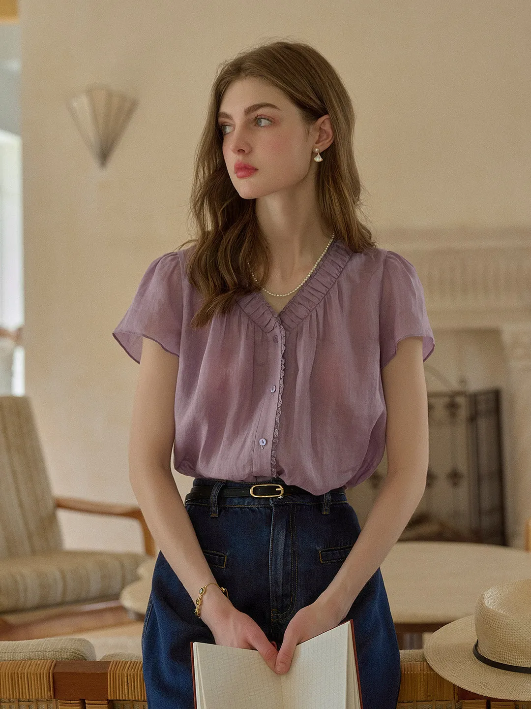 Angela V-Neck 100% Ramie Blouse sold by Simple Retro product image thumbnail 4