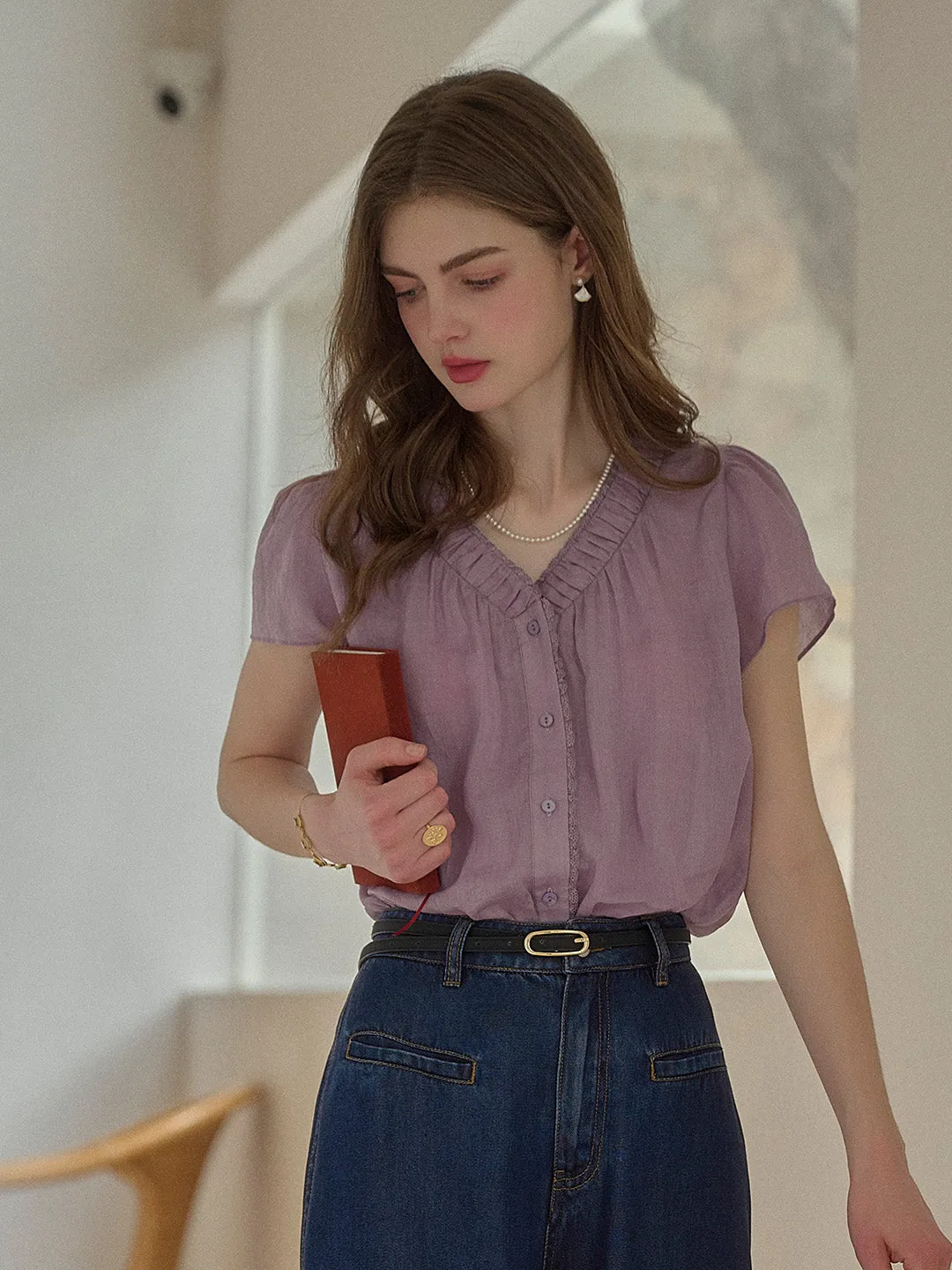 Angela V-Neck 100% Ramie Blouse sold by Simple Retro