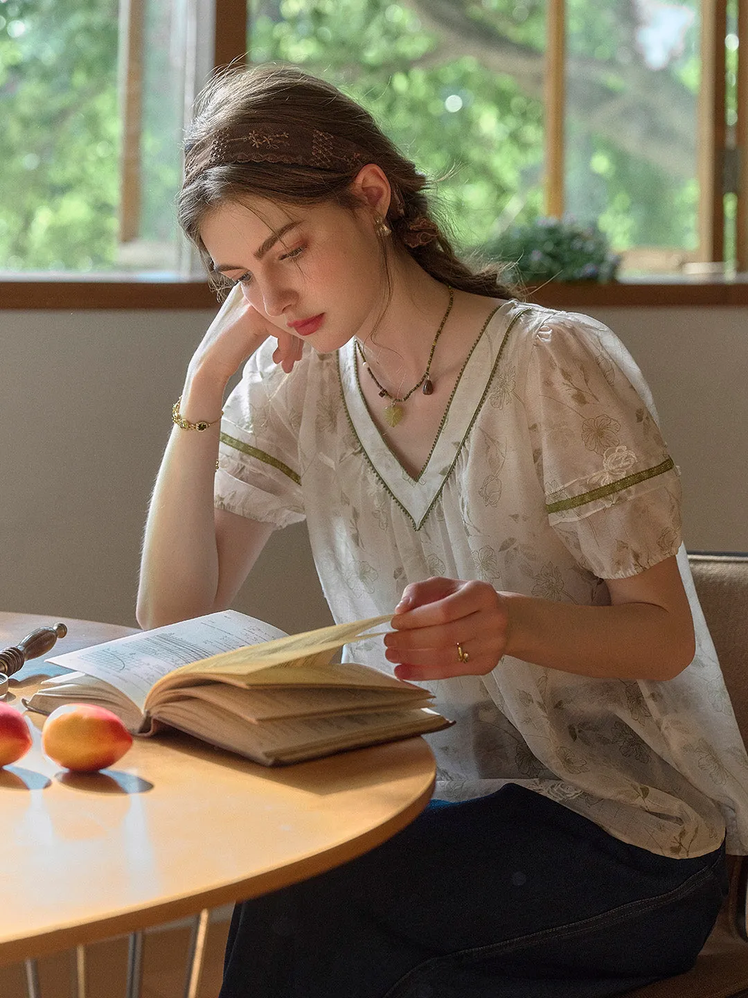 Olivia V-Neck Embroidery Floral Blouse sold by Simple Retro product image thumbnail 4
