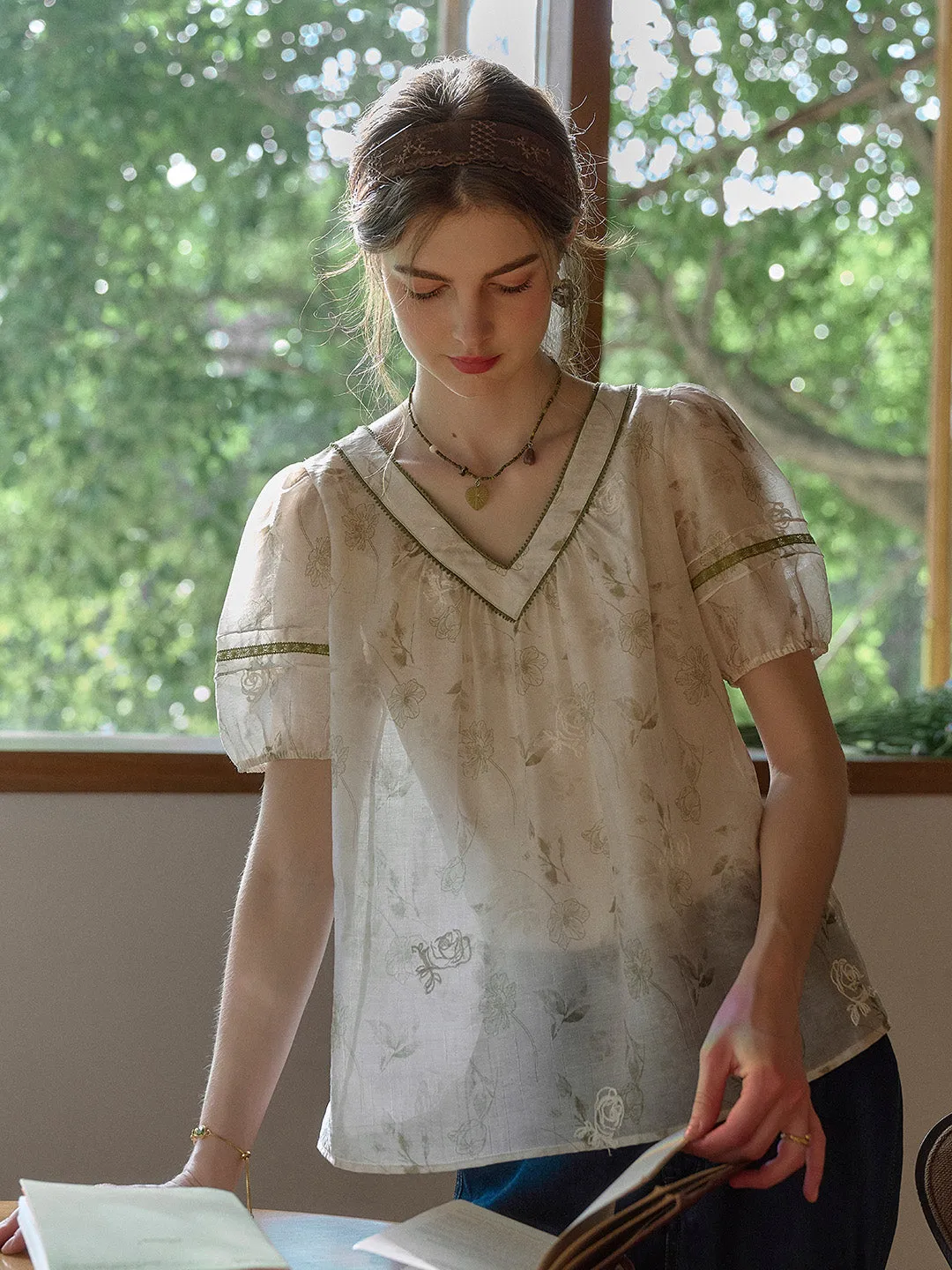 Olivia V-Neck Embroidery Floral Blouse sold by Simple Retro product image thumbnail 5