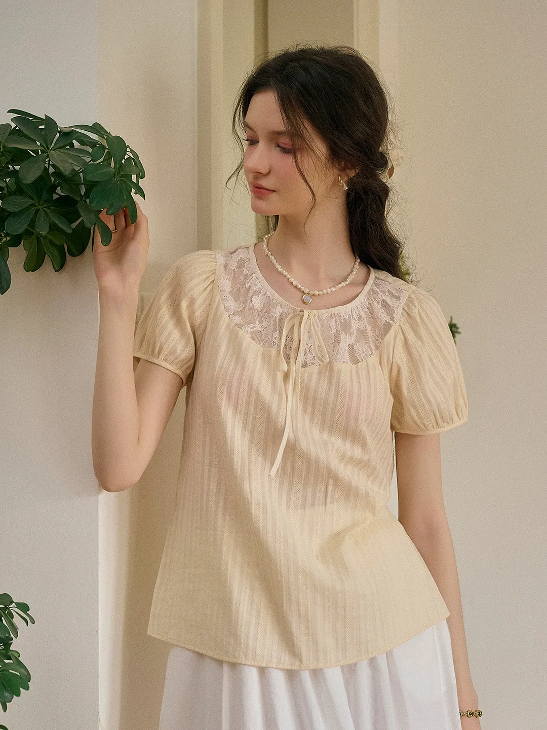 【Final Sale】Rosalie Round Neck Lace 100% Cotton Blouse sold by Simple Retro