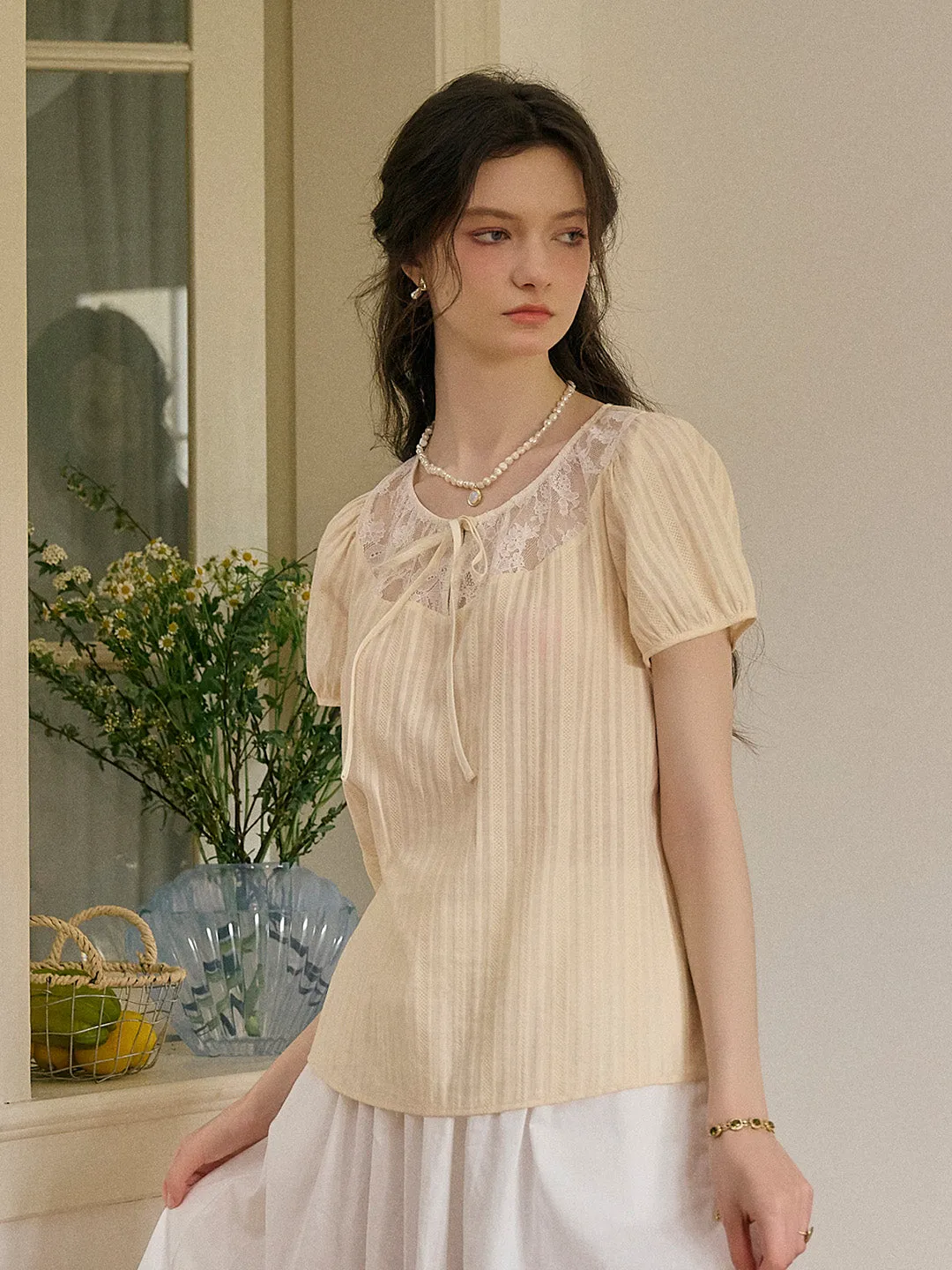 【Final Sale】Rosalie Round Neck Lace 100% Cotton Blouse sold by Simple Retro product image thumbnail 4