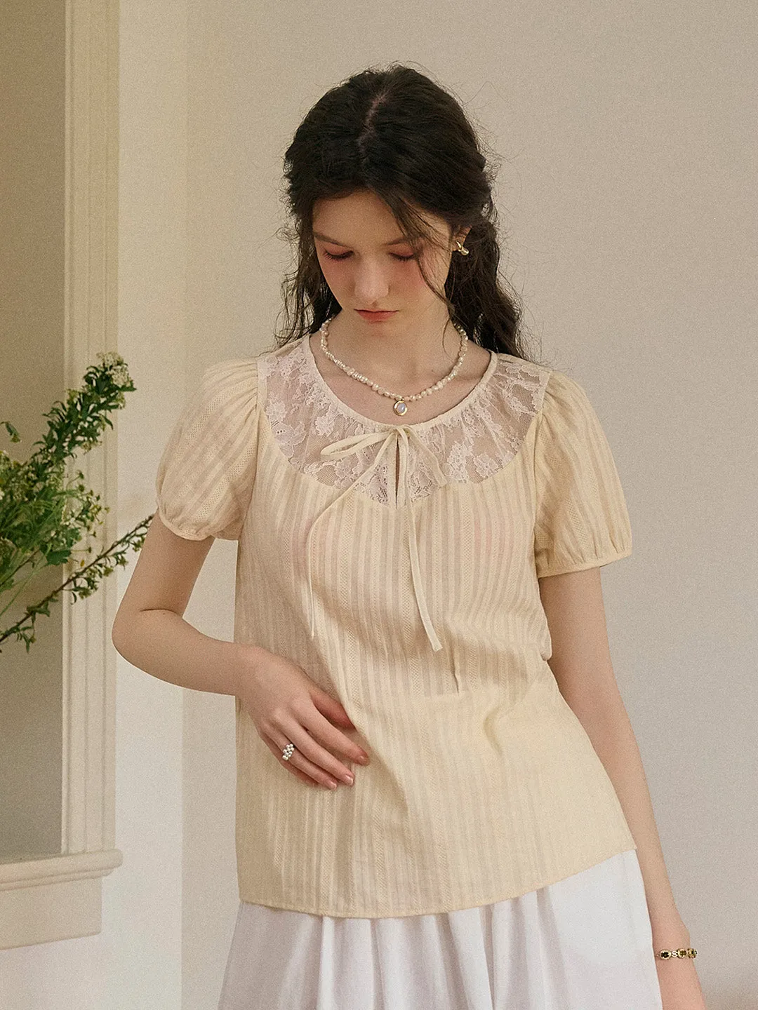 【Final Sale】Rosalie Round Neck Lace 100% Cotton Blouse sold by Simple Retro product image thumbnail 3