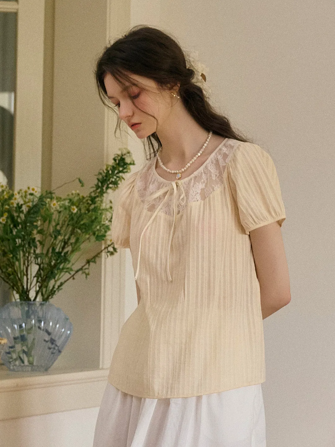 【Final Sale】Rosalie Round Neck Lace 100% Cotton Blouse sold by Simple Retro product image thumbnail 5