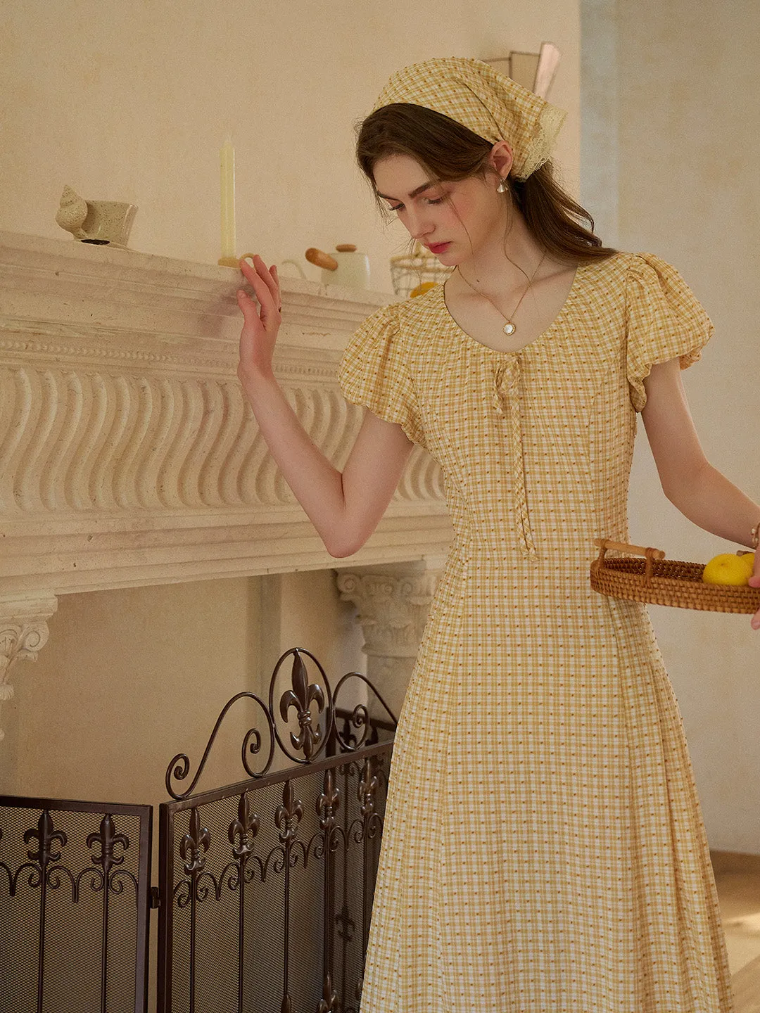 Willow Round Neck Plaid Puff Sleeve Viscose Dress - Yellow sold by Simple Retro product image thumbnail 5
