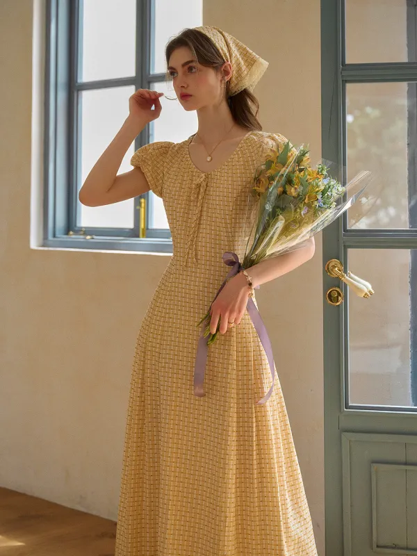 Willow Round Neck Plaid Puff Sleeve Viscose Dress - Yellow sold by Simple Retro