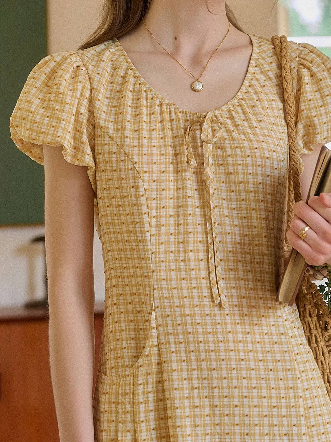 Willow Round Neck Plaid Puff Sleeve Viscose Dress - Yellow sold by Simple Retro product image thumbnail 2