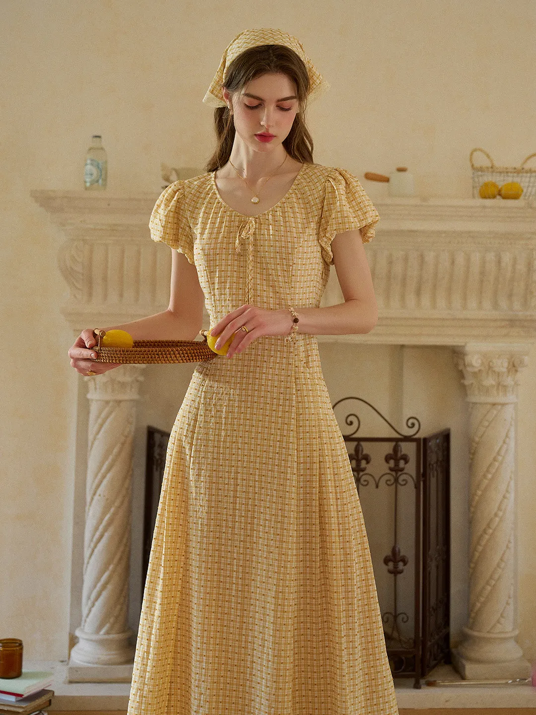 Willow Round Neck Plaid Puff Sleeve Viscose Dress - Yellow sold by Simple Retro product image thumbnail 4