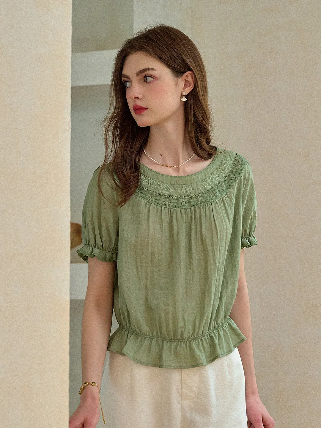 Simone Round Neck Puff Sleeve Linen Blouse sold by Simple Retro product image thumbnail 5