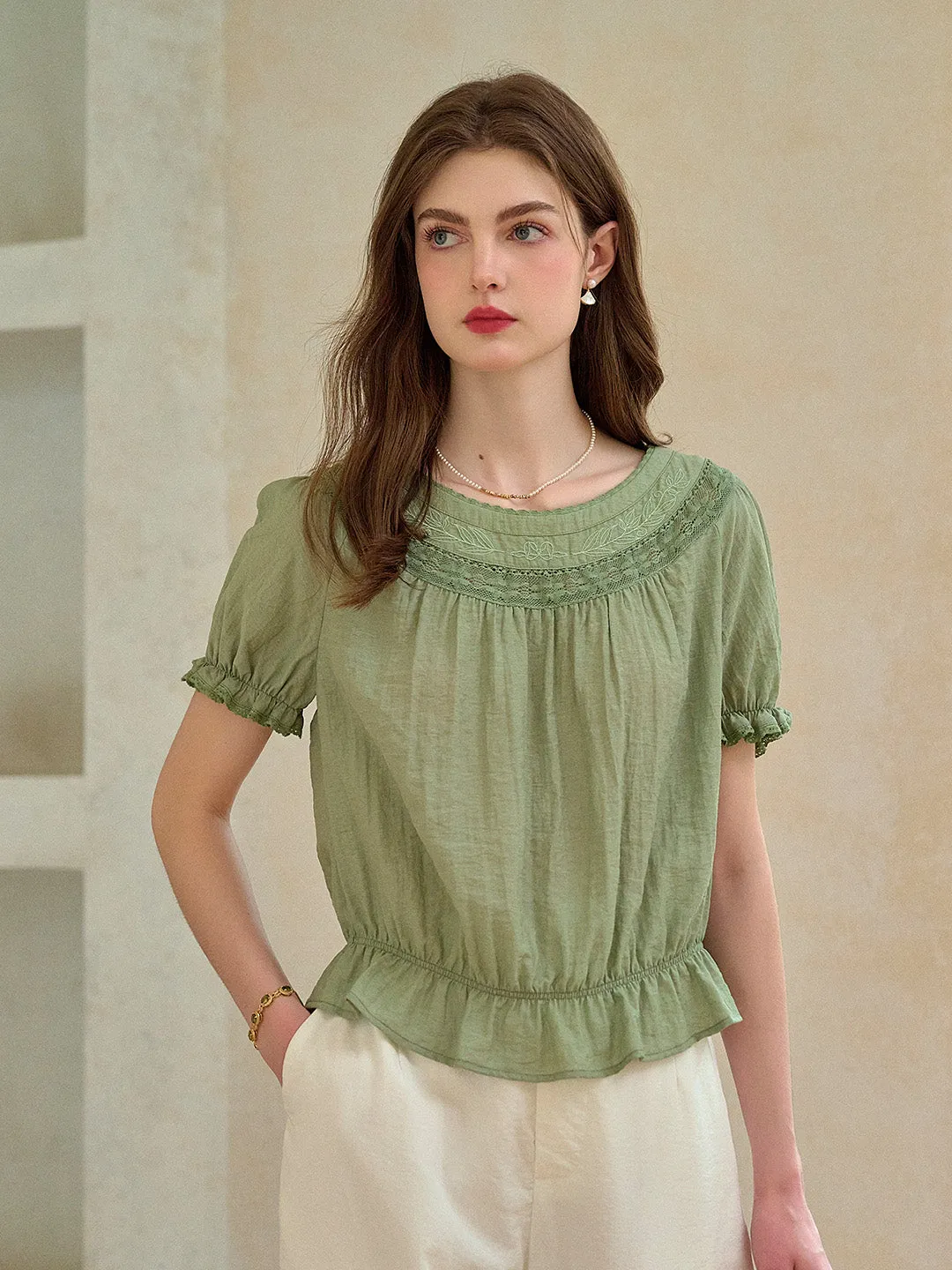 Simone Round Neck Puff Sleeve Linen Blouse sold by Simple Retro product image thumbnail 4