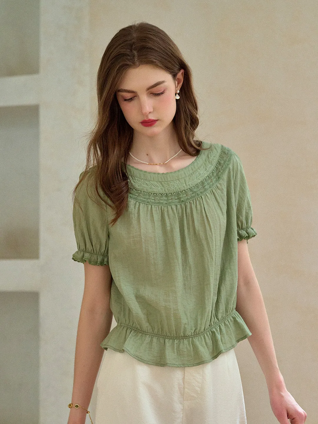 Simone Round Neck Puff Sleeve Linen Blouse sold by Simple Retro