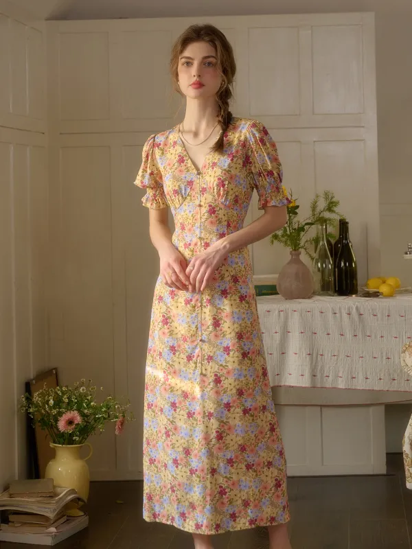 【Final Sale】Xena V-Neck Floral Puff Sleeve Dress - Red sold by Simple Retro