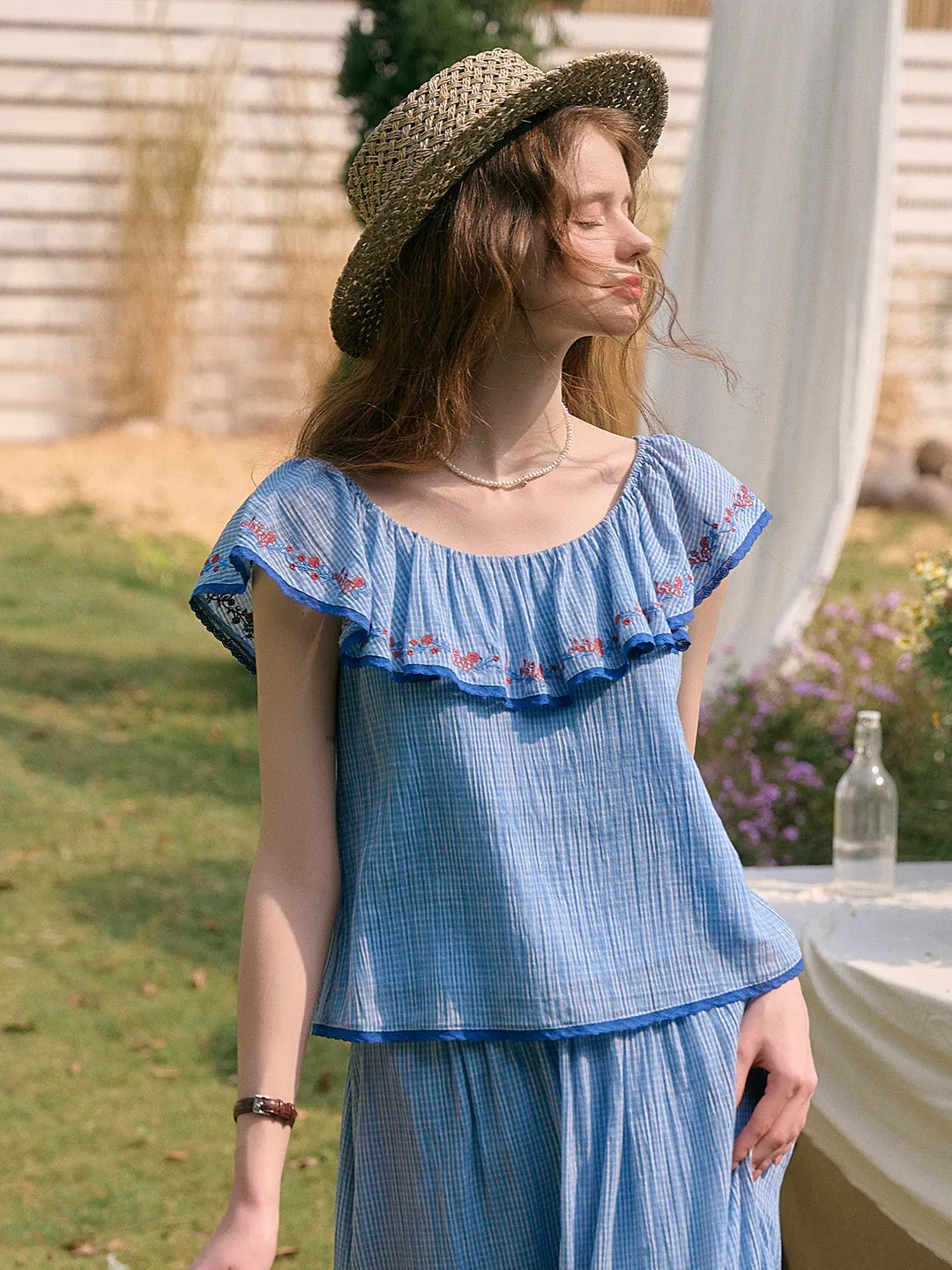 【Final Sale】Amelia Ruffle Neck Floral Embroidery Top sold by Simple Retro