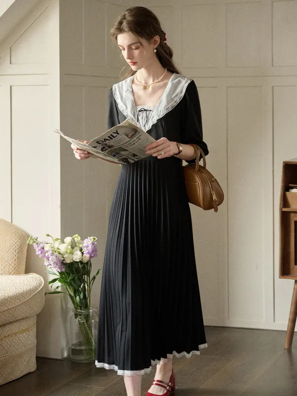 【Final Sale】Ellie Square Neck Pleated Viscose Dress sold by Simple Retro