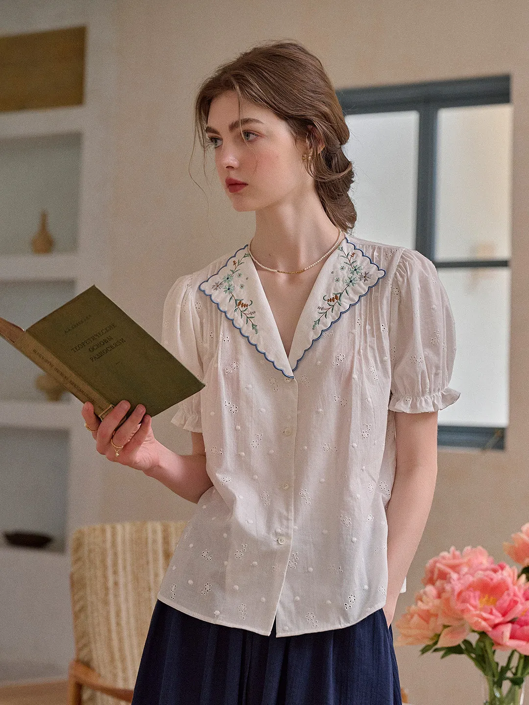 Lainey V-Neck Embroidery 100% Cotton Blouse sold by Simple Retro product image thumbnail 3