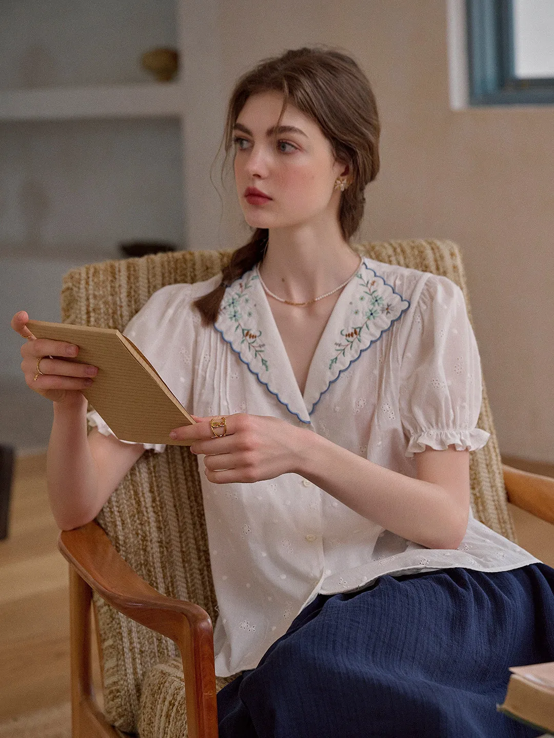 Lainey V-Neck Embroidery 100% Cotton Blouse sold by Simple Retro