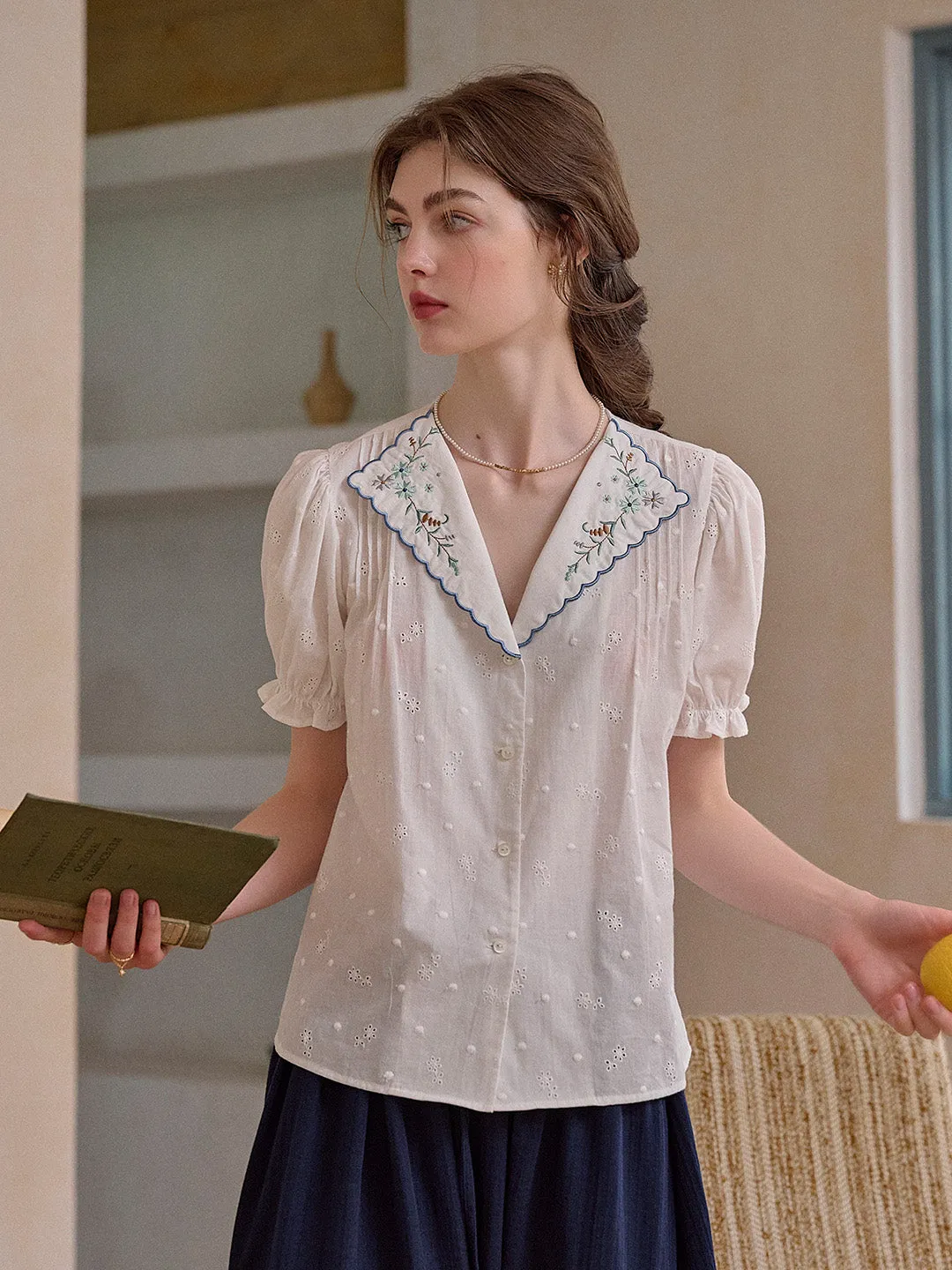 Lainey V-Neck Embroidery 100% Cotton Blouse sold by Simple Retro product image thumbnail 4